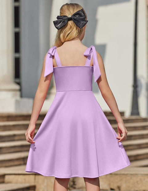 [6Y-11Y] Arshiner Girls Dress Tie Strap Solid Color Party Dresses