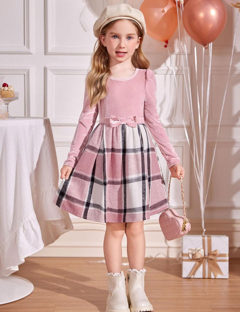 Arshiner Girls Dresses Velvet Plaid Patchwork Party Dress