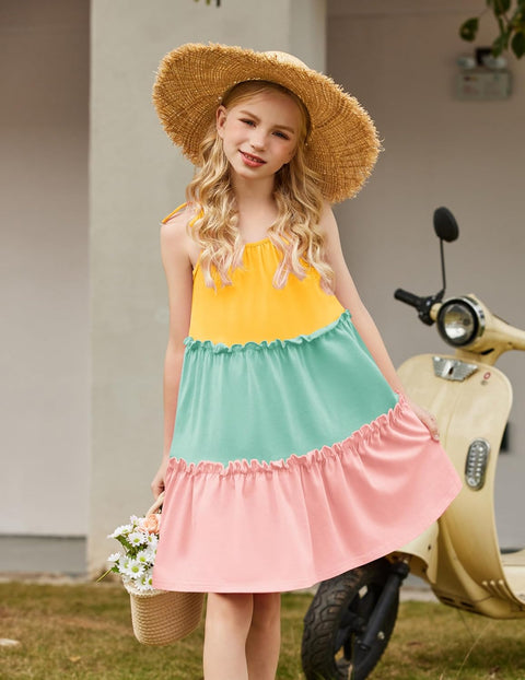 Arshiner Girl Dresses Boho A-Line Swing Flowy Ruffle Tiered Sundress with Pockets