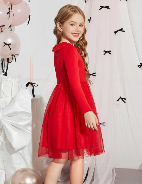 Arshiner Tutu Dress Girls Long Sleeve Peter Pan Collar Party Dresses