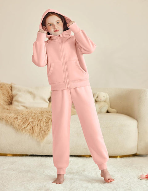 Arshiner Girls 2 Piece Outfit Drop Shoulder Zip Up Hoodies Set