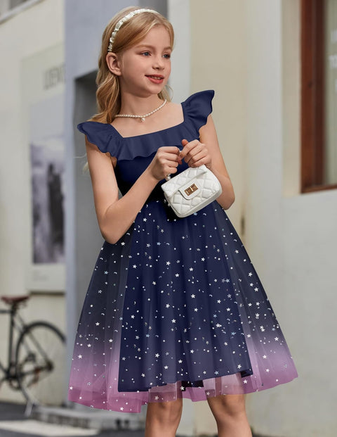 Arshiner Girls Dresses Square Neck Ruffle Sleeve Tulle Dress 6-14 Years