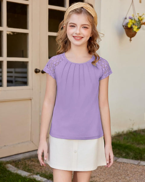 Arshiner Girls Shirts Short Sleeves Lace Pleated Kids Tops