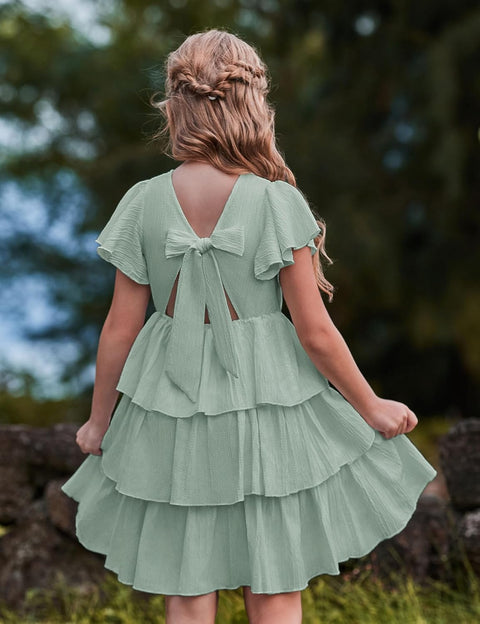 Arshiner Girls Dresses Elegant Ruffle Short Sleeve Back Tie Tiered Dresses