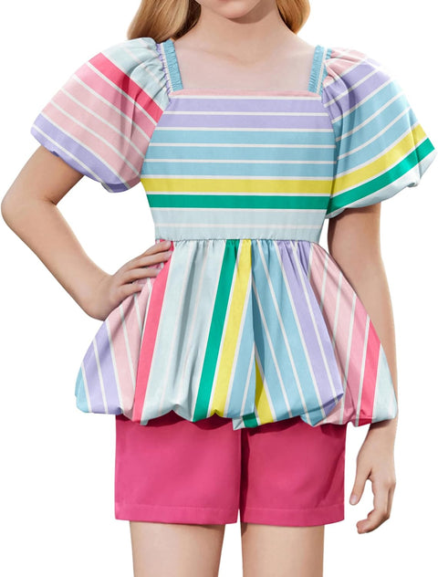 Arshiner Girls 2 Piece Sets Puffed Sleeve Bubble Hem Tops and Short Set