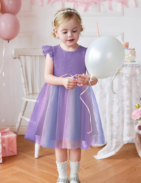 【2-8Y】Arshiner Toddler Lace Tutu Dresses Ruffle Sleeve 3 Layers Tulle Flower Dress