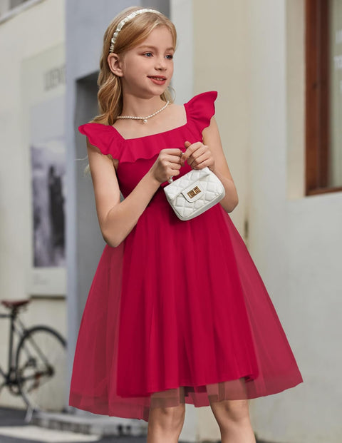 Arshiner Girls Dresses Square Neck Ruffle Sleeve Tulle Dress 6-14 Years