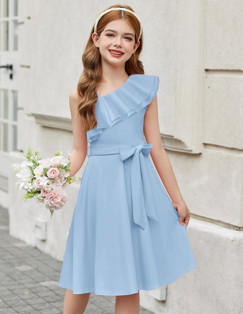 [5Y-12Y] Arshiner Girls Dress One Shoulder Formal Ruffle Trim Party Dresses