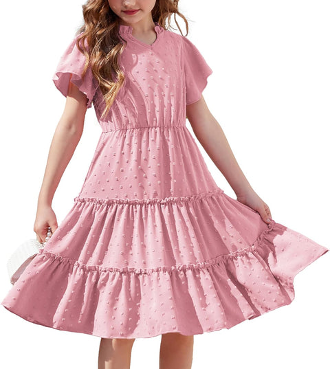 Arshiner Girls Dresses Summer Short Sleeve Swiss Dot Ruffle Tiered Formal Party Dress with Pockets