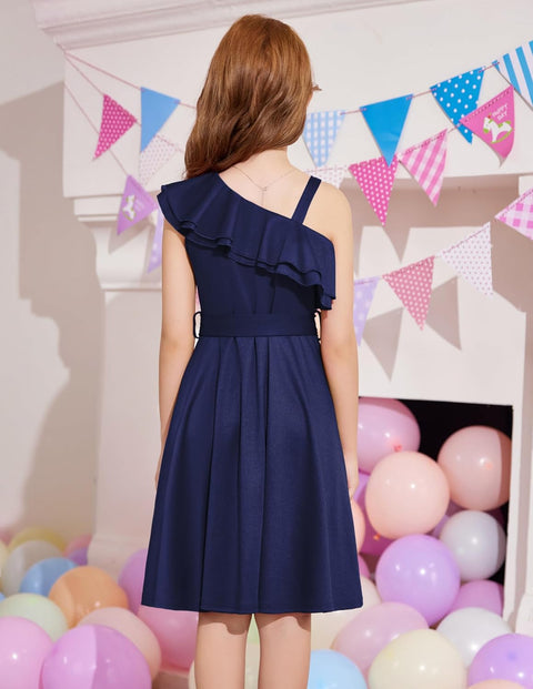 [5Y-12Y] Arshiner Girls Dress One Shoulder Formal Ruffle Trim Party Dresses