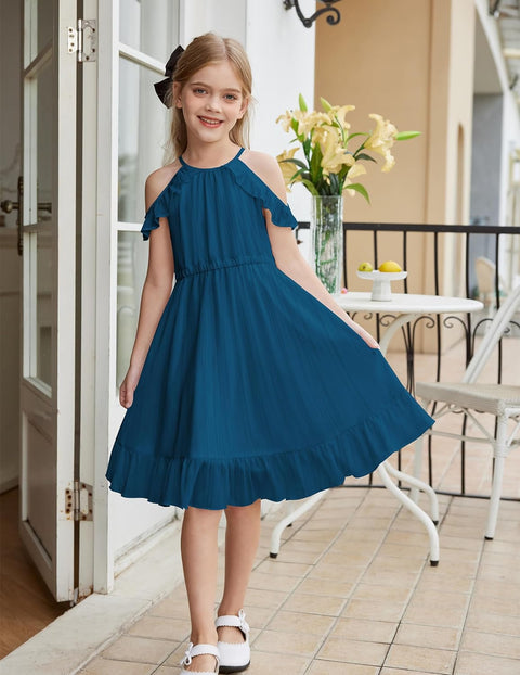 Arshiner Girls Summer Dress Casual Party Birthday Halter Neck Cold Shoulder Sundress for 5-14 Years