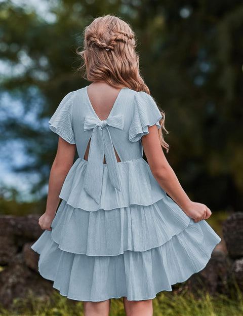 Arshiner Girls Dresses Elegant Ruffle Short Sleeve Back Tie Tiered Dresses