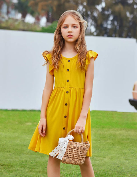 Arshiner Girls Dress Flutter Sleeve A-Line Button Down Sundress