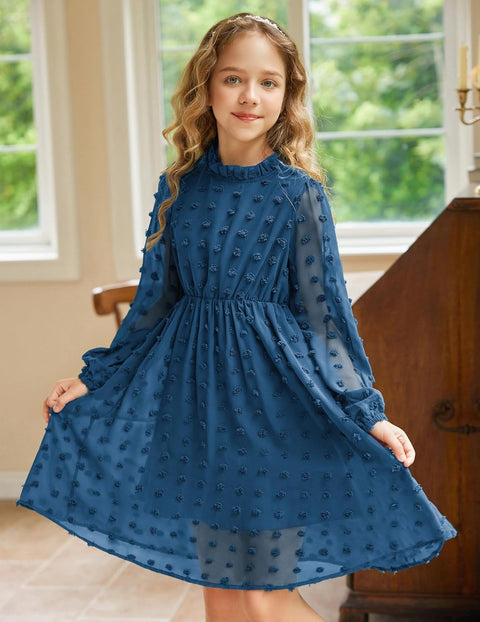 Arshiner Girls Dress Long Sleeve Swiss Dot Ruffle Collar Flowy A-Line Party Dress for Kids 5-13Y