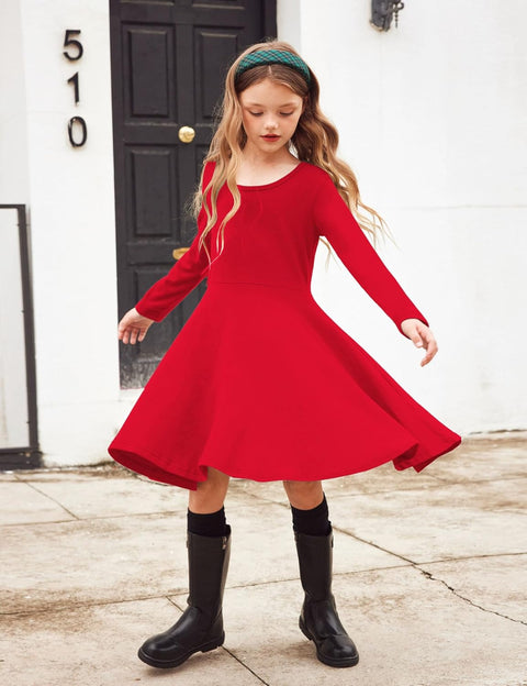 Arshiner Girls Long Sleeve Stretchy Dress A line Twirly Skater School Party Dress