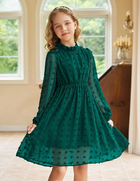 Arshiner Girls Dress Long Sleeve Swiss Dot Ruffle Collar Flowy A-Line Party Dress for Kids 5-13Y