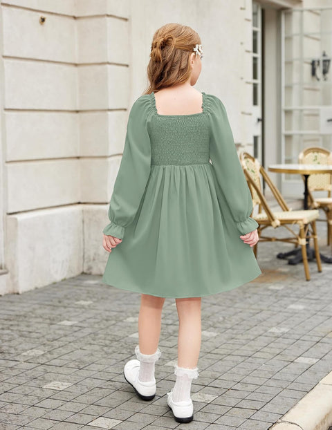 Arshiner Girls Long Sleeve Smocked Skater Elegant Dress with Pockets