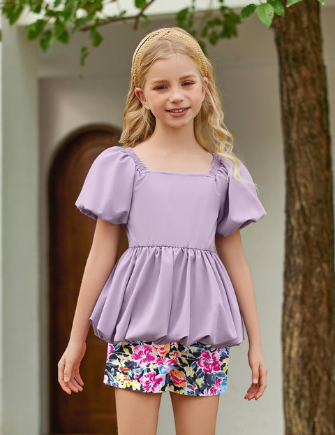 Arshiner Girls 2 Piece Sets Puffed Sleeve Bubble Hem Tops and Short Set