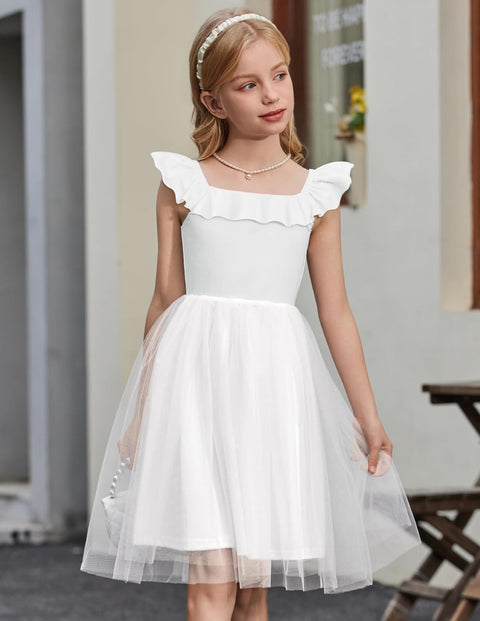 Arshiner Girls Dresses Square Neck Ruffle Sleeve Tulle Dress 6-14 Years
