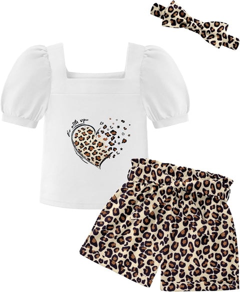 【 2-8Y】Arshiner Toddler Girl Puff Sleeve Tops + Shorts + Headband 3pcs Sets