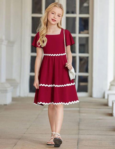 Arshiner Girls Dress Flutter RIC Rac Tiered Short Sleeve Dresses with Pockets