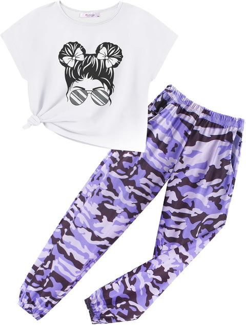 【6-14Y】Arshiner Girls 2 Piece Sets Drop Shoulder Top Sweatpants Jogger