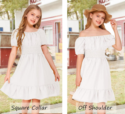 Arshiner Girls Tie Back Short Sleeve Ruffle Hem Off Shoulder Dresses