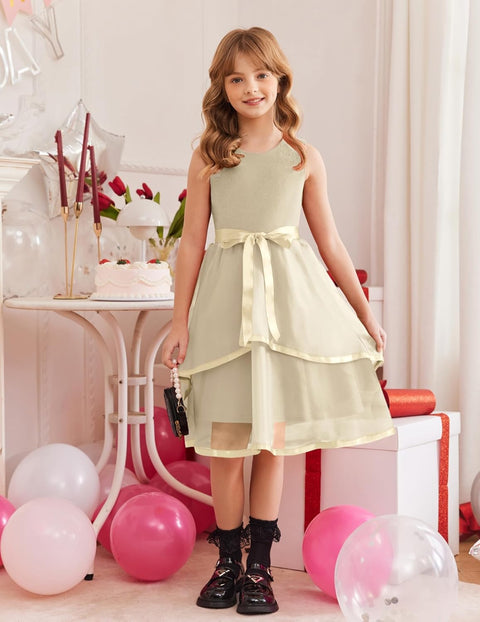 Arshiner Girls Dress Formal Party Fluffy Tulle Sleeveless Belted Dresses 3-11Y