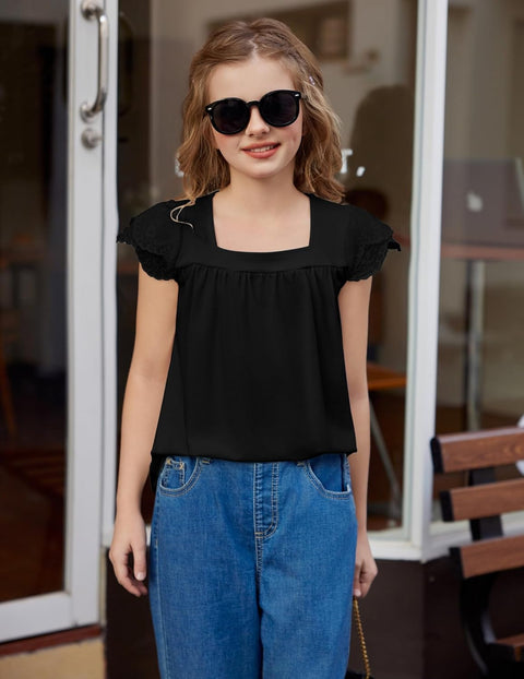 Arshiner Girls Shirts Short Sleeve Square Neck Lace Pleated Tops Blouse Tunic