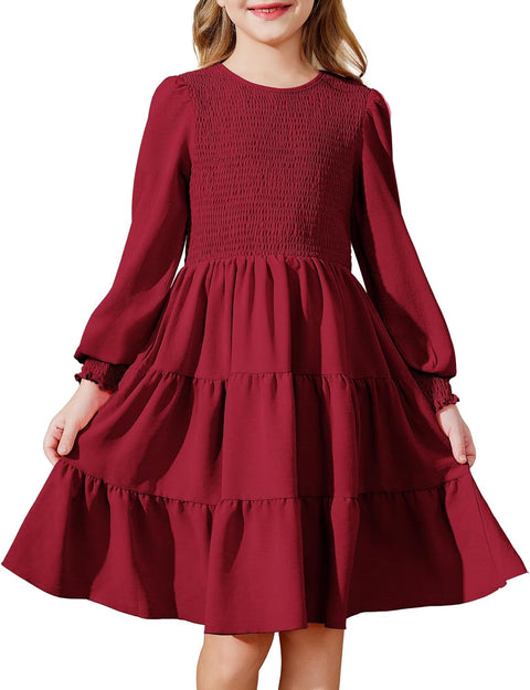 Arshiner Girls Dress Fall Boho Long Sleeve Shirred Smocked Tiered Party Dresses