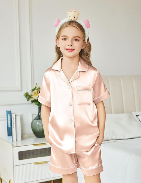 Arshiner Girls Pajamas Silk Satin Pajama Sleepwear Button Down Pj Set