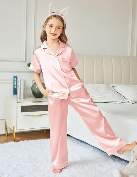 Arshiner Girls Pajamas Silk Satin Button Down Pjs 2 Piece Short Sleeve Sleepwear Set