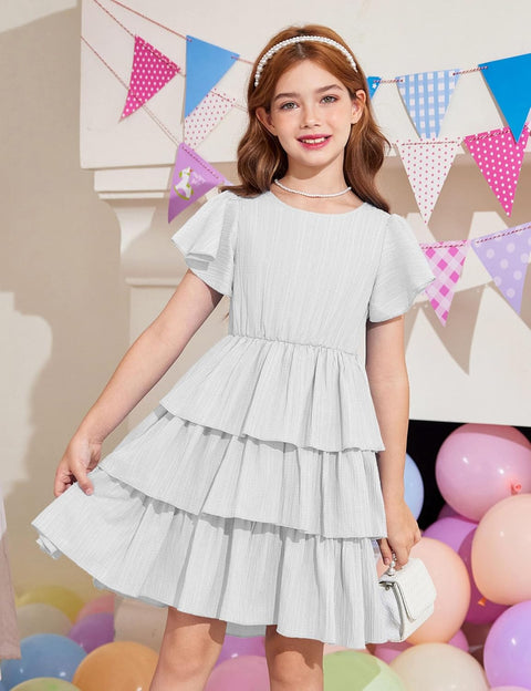 Arshiner Girls Dresses Elegant Ruffle Short Sleeve Back Tie Tiered Dresses