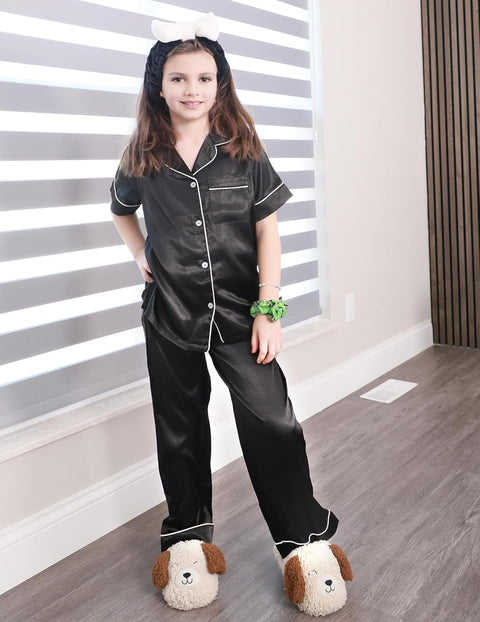 Arshiner Girls Pajamas Silk Satin Button Down Pjs 2 Piece Short Sleeve Sleepwear Set