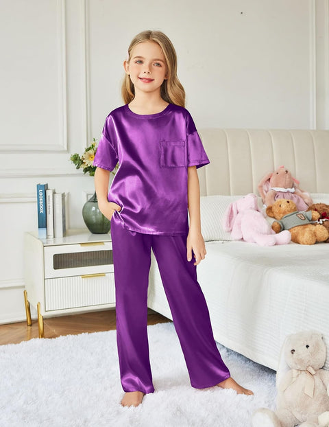 Arshiner Girls' Pajama Sets Satin Soft Silk Pjs Lounge Set Sleepwear
