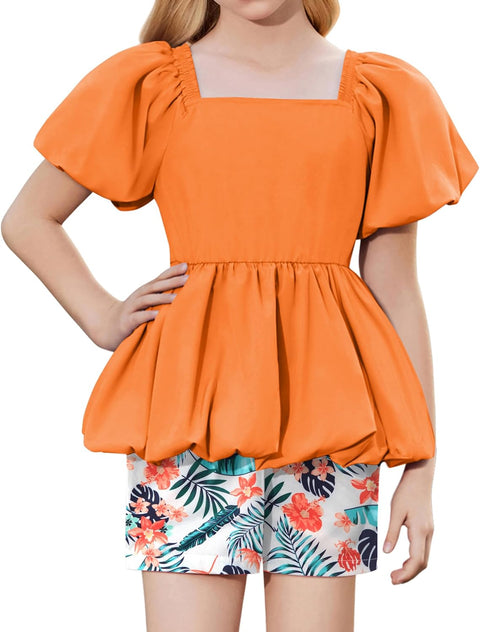 Arshiner Girls 2 Piece Sets Puffed Sleeve Bubble Hem Tops and Short Set