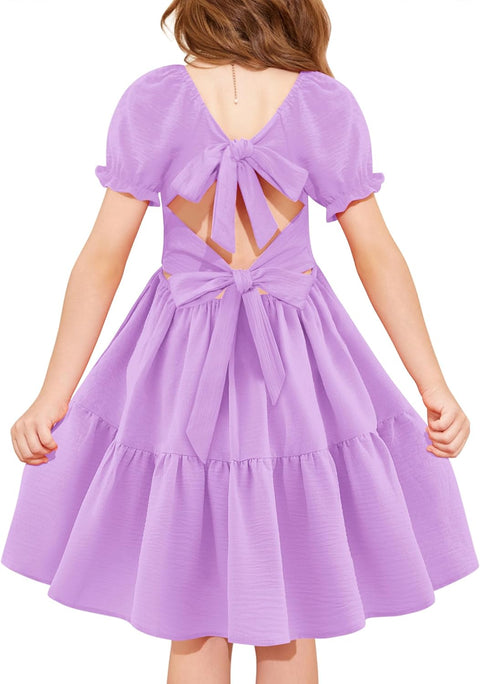 Arshiner Girls Dress Tie Back Short Sleeve Square Neck Tiered Midi Dresses