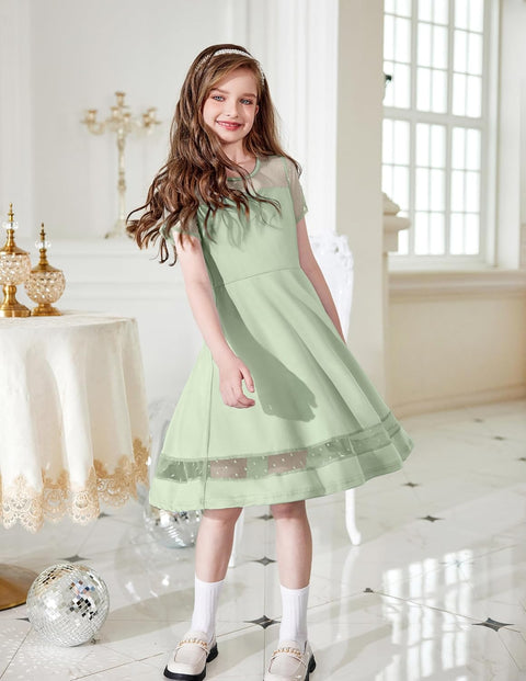 Arshiner Tween Girls Dress Formal Contrast Mesh Short Sleeve A Line Party Dresses