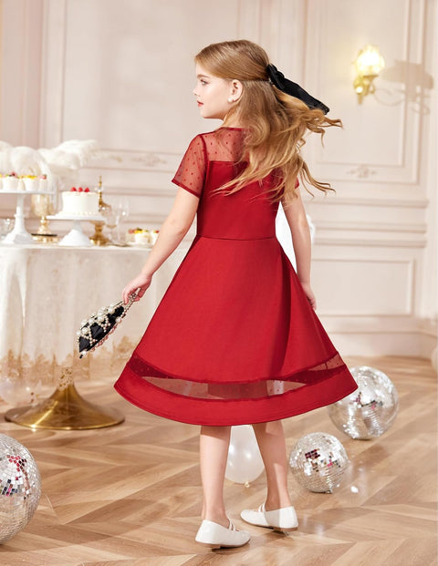 Arshiner Tween Girls Dress Formal Contrast Mesh Short Sleeve A Line Party Dresses