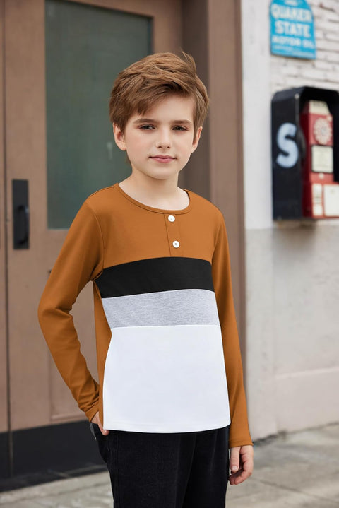 Arshiner Kids Boys Henley Shirts Cotton Long Sleeve T-Shirts Color Block Tee