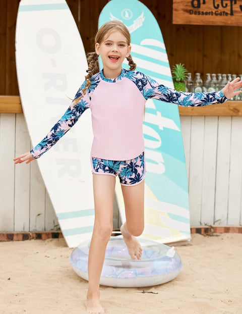 Arshiner Girls 2 Pieces Rash Guard Swimsuit Long Sleeve Summer Bathing Suit Beach Surf Tankini Swimwear for 6-14Y