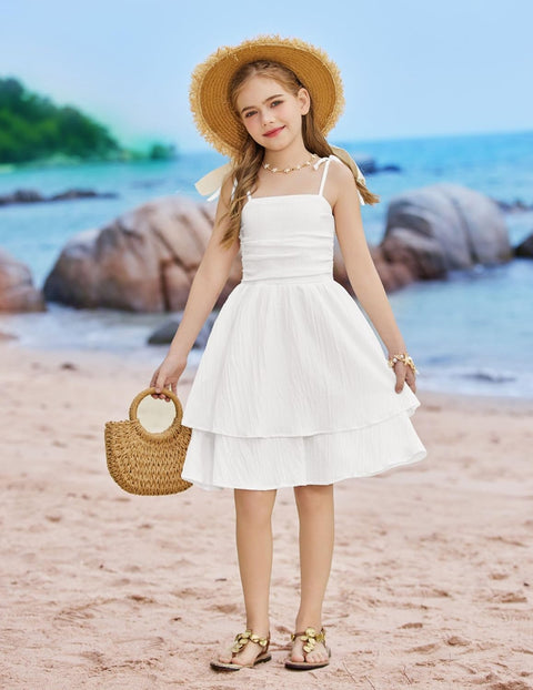 Arshiner Girls Dresses Flowy Tiered Ruched Smocked Back Midi Sundress
