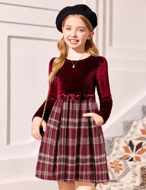 Arshiner Girls Dresses Velvet Plaid Patchwork Party Dress