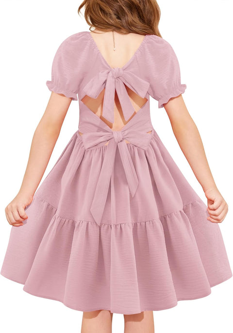 Arshiner Girls Dress Tie Back Short Sleeve Square Neck Tiered Midi Dresses