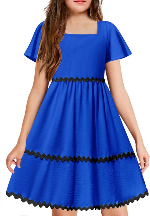 Arshiner Girls Dress Flutter RIC Rac Tiered Short Sleeve Dresses with Pockets