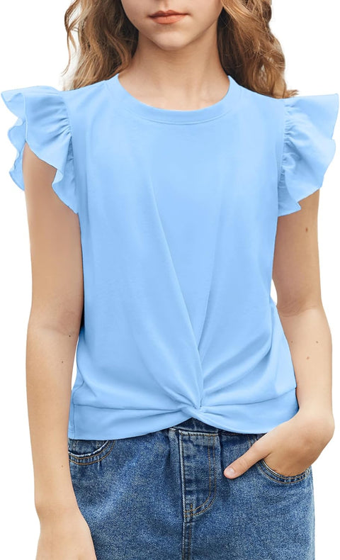 Arshiner Girls Shirt Flying Short Sleeve Twist Front Summer Blouses Crewneck Tunic Tee Tops