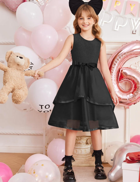 Arshiner Girls Dress Formal Party Fluffy Tulle Sleeveless Belted Dresses 3-11Y