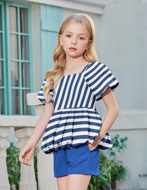 Arshiner Girls 2 Piece Sets Puffed Sleeve Bubble Hem Tops and Short Set