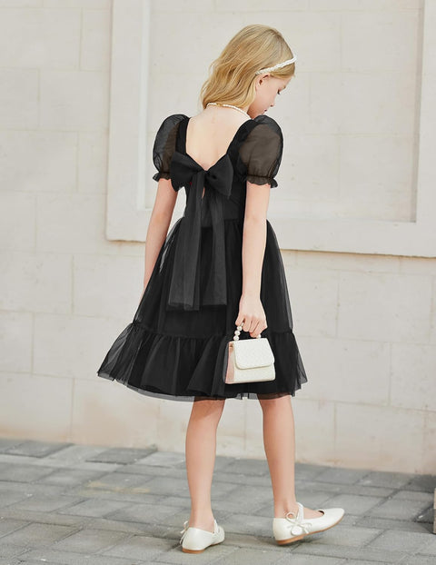 【6-16Y】Arshiner Girls Dresses Tulle Bow Tie Back Puff Sleeve Dress