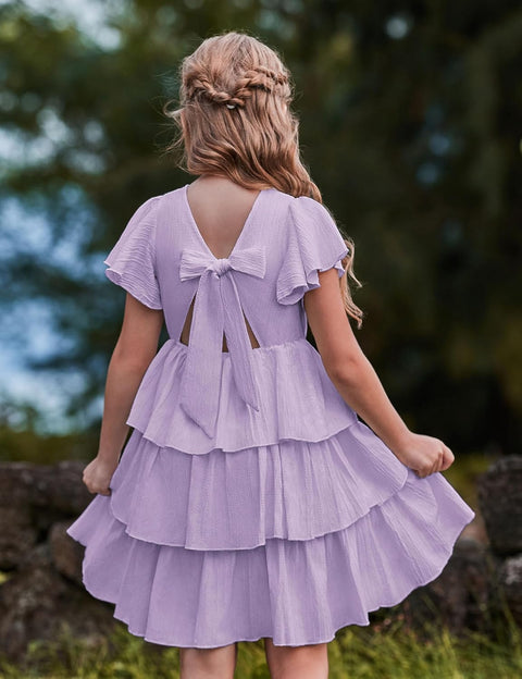Arshiner Girls Dresses Elegant Ruffle Short Sleeve Back Tie Tiered Dresses